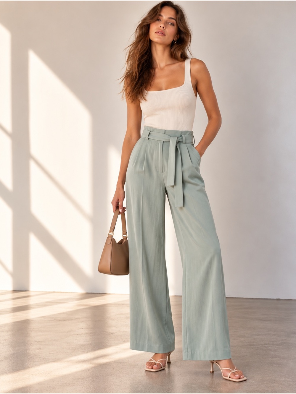 Veronica Beard Green Belted High Rise Wide Leg Pants Estimated L